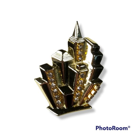 AJC Vintage City Scape Building Brooch Pin Enamel and Rhinestone RARE - Picture 4 of 13